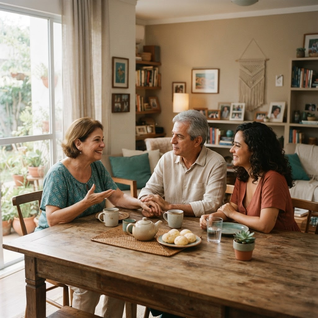 Família reunida conversando com tranquilidade em um ambiente acolhedor