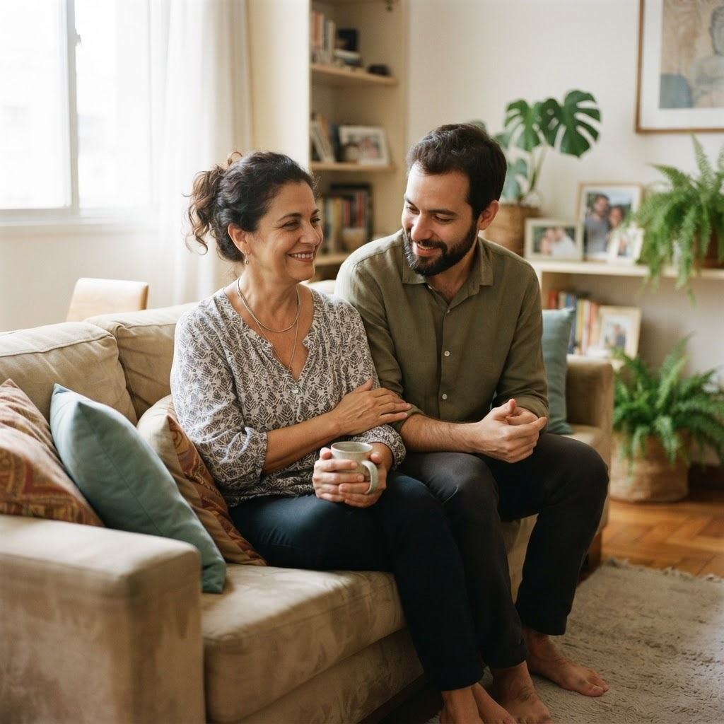 Mãe e filho adultos conversando com serenidade em casa, apoiando um ao outro